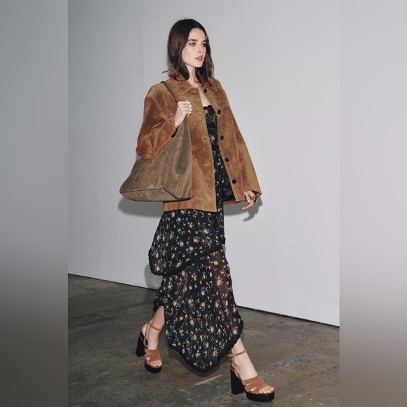 Zara Brown Suede Button-Up Jacket with Collar - Picture 6 of 6